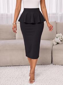 SHEIN Lady Women's Solid Color Patchwork Ruffle Elegant Pencil Skirt - Black - View 3