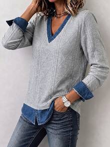 Wandoria Recommended Bestselling Autumn/Winter Casual Design V-Neck 2 In 1 Denim Effect Colorblock Grey Textured Long Sleeve Sweatshirt Top, Suitable For Daily Wear, Shopping, Dating, Commuting, Back To School Season Essential, Loose Fit, Flattering, Versatile Style - Grey - View 4