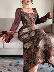 DAZY Women's Jacquard Square Neck Ruffle Cuff Elegant Long Dress - Burgundy - View 1