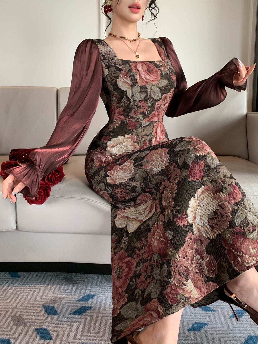 DAZY Women's Jacquard Square Neck Ruffle Cuff Elegant Long Dress - Burgundy - View 1