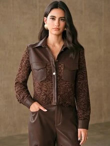 Anewsta Women's Autumn/Winter PU Contrast Lace Blouse - Brown - View 3