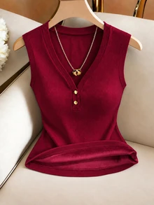 Franclia Women's Solid Color Button Design V-Neck Casual Versatile Tank Top - Burgundy - View 4