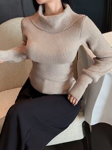 DAZY Khaki High Neck Ribbed Knit Fitted Long Sleeve Batwing Sleeve Ruched Waist Casual Versatile Slouchy Knit Sweater For Women - Pink - View 3