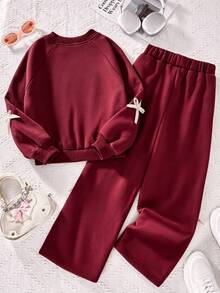 SHEIN 青少年女孩抓絨秋季套裝 2件/組圓領運動衫套裝，綠色與粉色，秋季，可愛，校園，假期穿搭 - 酒紅色 - 查看 2