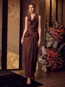MOTF Soiréza WOMEN'S PLEATED SATIN HIGH-END DRAPED COWL NECK ELEGANT EVENING DRESS - Coffee Brown - View 6