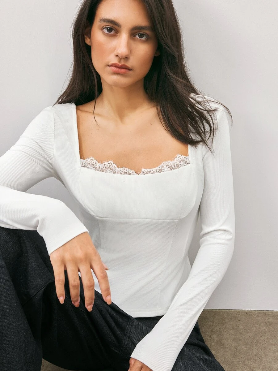 Maija Women's Lace Patchwork Casual Daily Long Sleeve Top - White - View 1