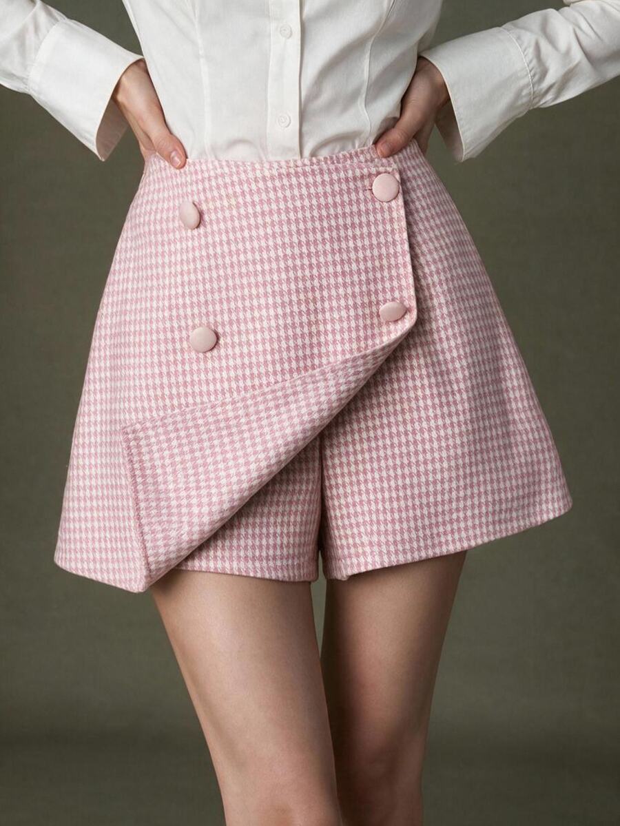 Elnivra Women's Fashion Houndstooth Button Skort For Outing And Party - Pink - View 1