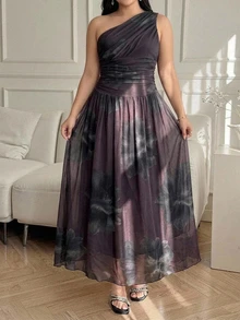 Dazy Plus Floral Print Asymmetrical Shoulder Sleeveless Elegant Fitted Party Dress - Dusty Purple - View 2