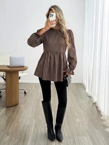Easowa 女款休閒條紋棕色印花秋冬日常基礎襯衫 - 彩色 - 查看 2