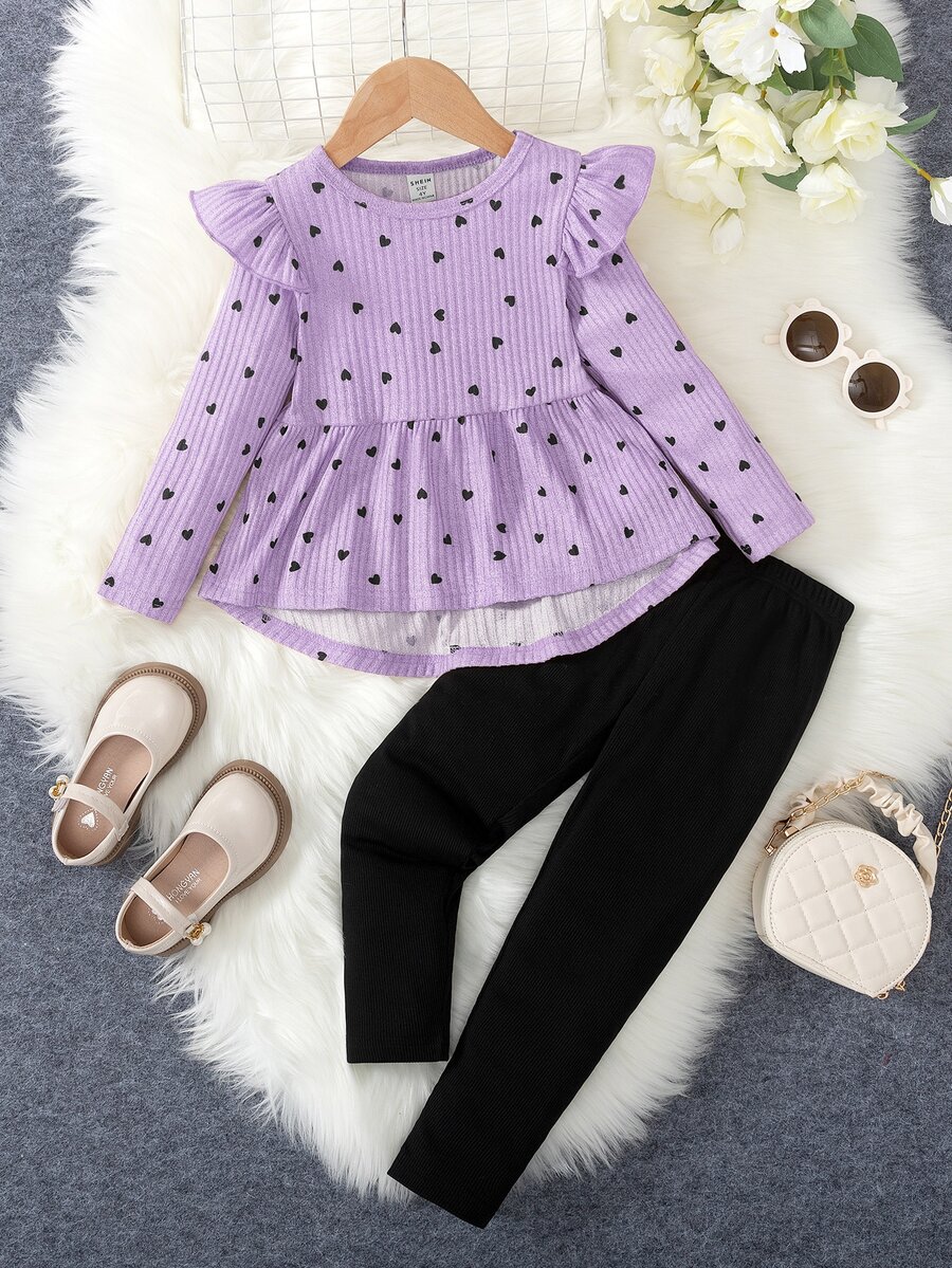 Elladie kids 2pcs/Set Girls Heart Print Ruffle Trim Long Sleeve T-Shirt And Leggings, Spring/Autumn - Purple - View 1