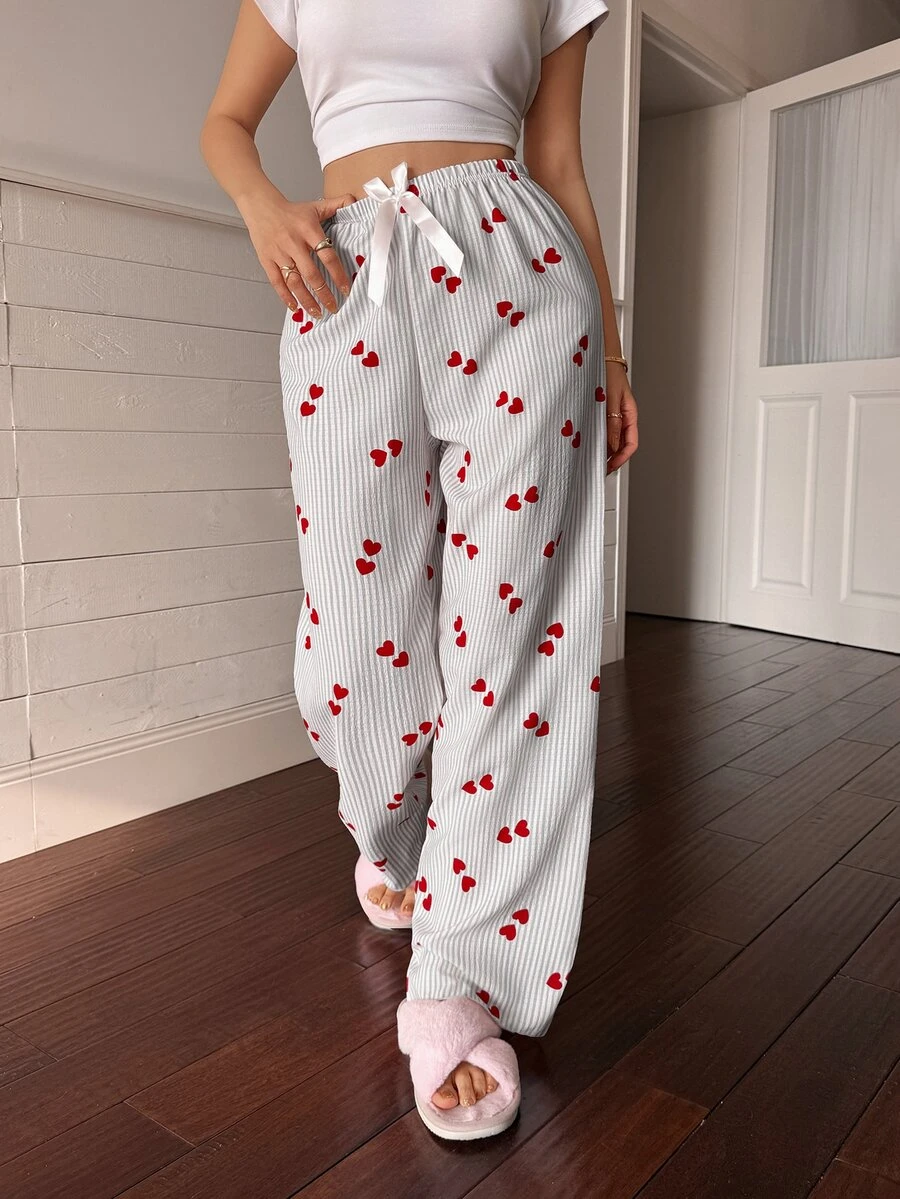 Napfluff Women's Striped Heart Print Bow Decor Waist Pajama Pants - Grey - View 1