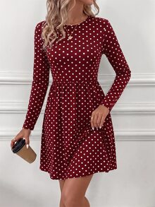SHEIN Clasi 女款休閒通勤波點印花洋裝 - 酒紅色 - 查看 3