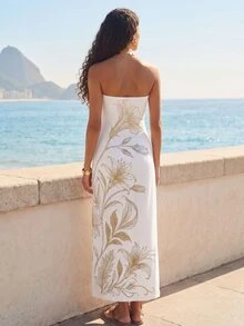 CAJUNI Women's Floral Print Fashion Strapless Vacation Dress White And Gold Summer Elegant Tropical - Beige - View 4