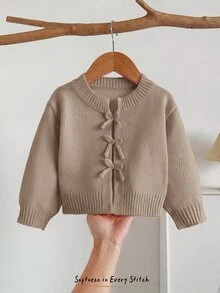 Cozy Pixies 女嬰針織開襟毛衣，蝴蝶結裝飾，可愛休閒，柔軟舒適百搭，適合派對、度假，杏色秋季開襟毛衣 - 卡其色 - 查看 1