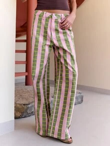 Nöista Celana Jeans Denim Kasual Longgar Potongan Lurus dengan Desain Saku Bergaris untuk Wanita - Khaki - View 2