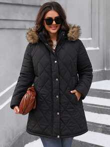 EMERY ROSE Plus Size Casual Black Padded Coat With Pockets, Detachable Fur Collar Hood, Ribbed Cuffs, Mid-Length, Diamond Quilted & Straight Stripe Patchwork - Black - View 4
