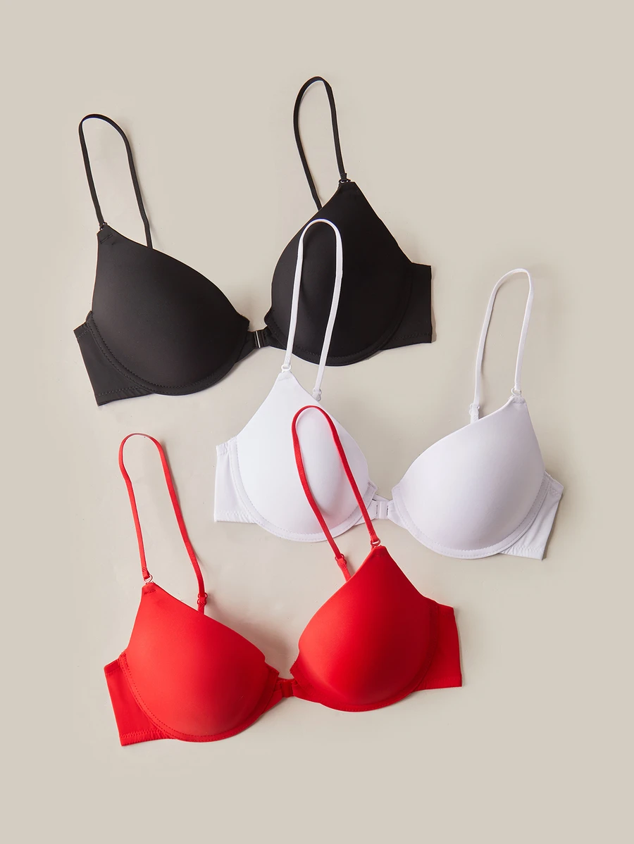 Bralution 3pcs Multi-Color Underwire Molded Cup Bra, Criss-Cross Back, High Support, Front Closure, Minimalist Daily Women's Lingerie - Multicolor - View 1