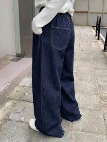 Dazy Plus Vintage Washed Blue Loose Distressed Split Line Waist Decor Plus Size Loose Fit Long Denim Dress, Plus Size Women Autumn Women Jeans - Dark Wash - View 2
