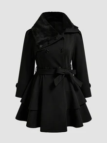 Sweetra CURVE Plus Size Women Solid Color Waist Tie Fashion Versatile Overcoat - Black - View 1