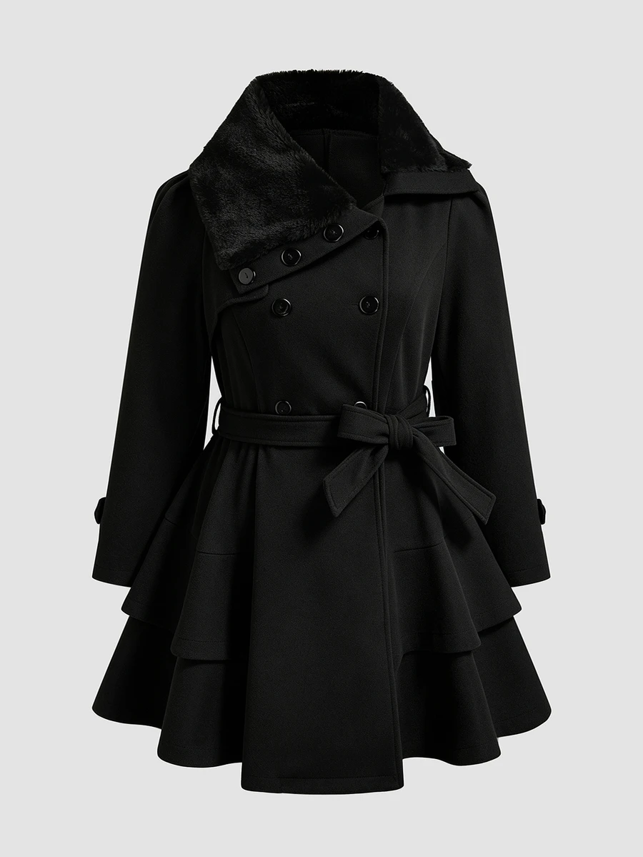 Sweetra CURVE Plus Size Women Solid Color Waist Tie Fashion Versatile Overcoat - Black - View 1