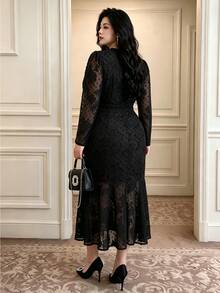 Vibekara Elegant French Style V-Neck Jacquard Fish Tail Hem Long Sleeve Plus Size Women's Dress For Early Autumn Commute And Party Fall - Black - View 4