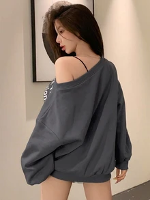 Joudiya 女款休閒甜美街頭風灰色保暖內裡不對稱領字母印花衛衣，秋冬連帽衫 - 灰色 - 查看 3