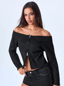 Y2Kool Women's Black Short Cold Shoulder Zipper Lapel Sweater, Slim Fit Comfortable Cardigan, Suitable For Commuting, Dating, Shopping And Vacation Outfits - Black - View 5