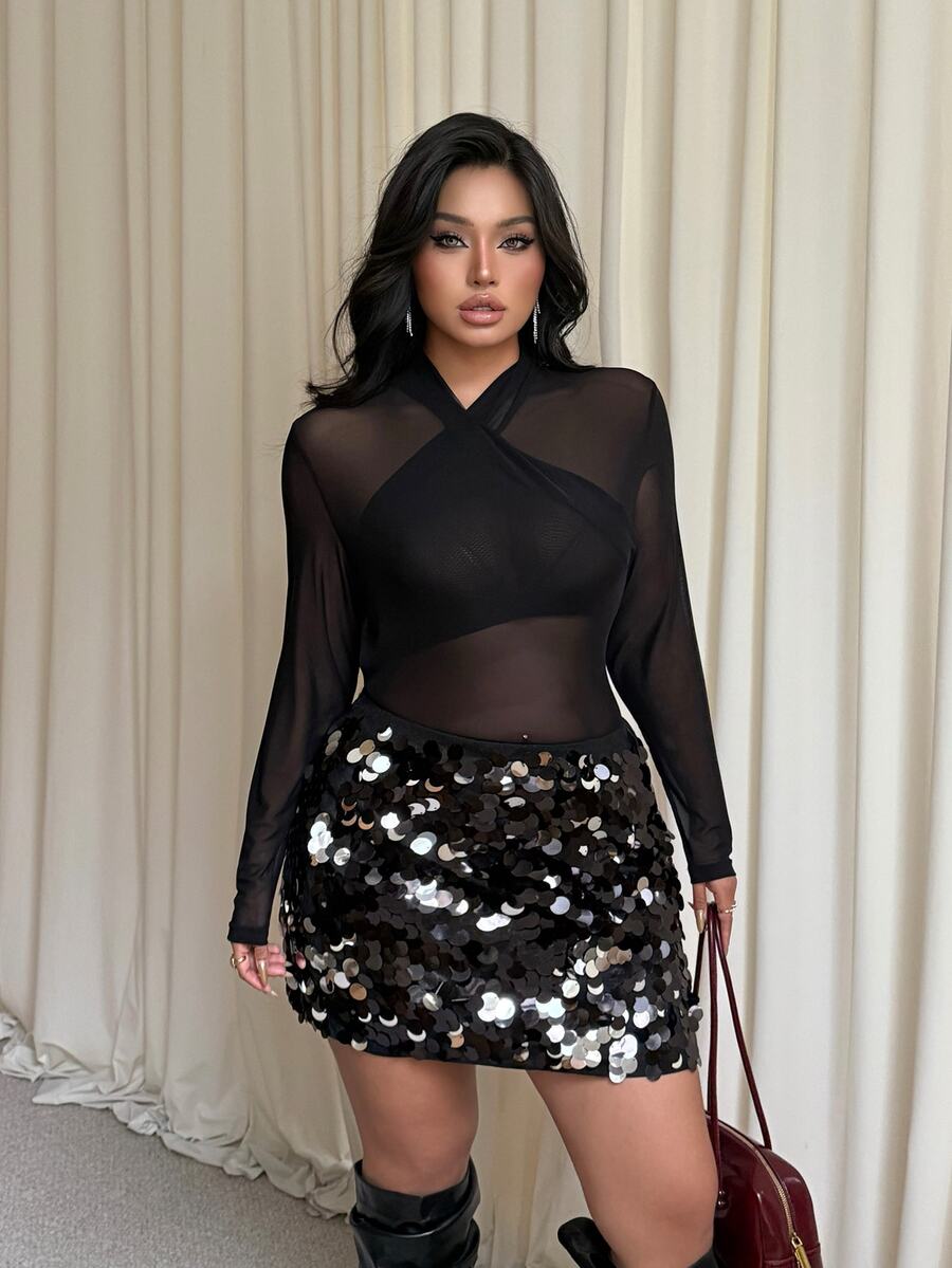 GalTyme Plus Size Sheer Sexy Criss-Cross Ruched Bodysuit - Black - View 1