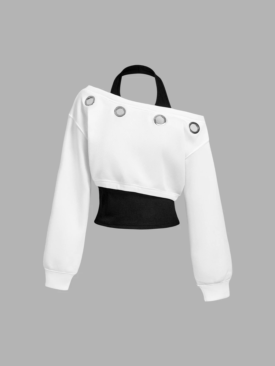 SHEIN MOD 女款不對稱肩部鏤空設計 2 合 1 掛脖式運動衫 - 黑與白 - 查看 1