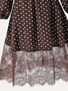 SHEIN Girls Polka Dot Print Lantern Sleeve Lace Hem Belted Midi Dress Brown - Brown - View 5