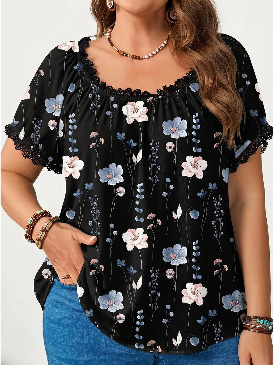 Rosumi Plus Size Floral Print Lace Trim Blouse - Multicolor - View 1