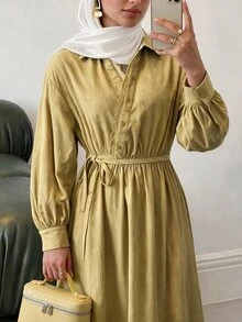 Solavon Women's Spring/Autumn Casual Contrast Lace Trim Tie Waist Shirt Dress - Light Yellow - View 1