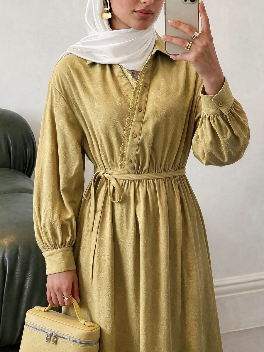 Solavon Women's Spring/Autumn Casual Contrast Lace Trim Tie Waist Shirt Dress - Light Yellow - View 1
