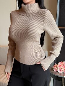 DAZY Khaki High Neck Ribbed Knit Fitted Long Sleeve Batwing Sleeve Ruched Waist Casual Versatile Slouchy Knit Sweater For Women - Pink - View 5