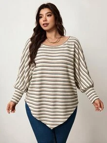Enliva Plus Size Stripe Waffle Knit Long Sleeve Top Compatible With Apple Body Round Body - Brown - View 3
