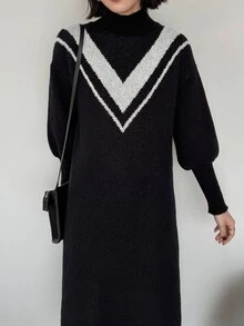 FRIFUL Women's Colorblock Casual Everyday Knit Dress Fall Work Black And White Striped - Black - View 2