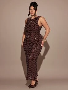 SHEIN BAE CURVE 大尺碼女款咖啡棕色亮片優雅性感無袖露背裝飾洋裝，適合正式場合、聖誕、雞尾酒會與晚宴 - 咖啡棕 - 查看 7