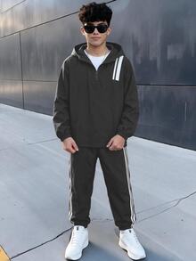 SHEIN 2件組兒童青少年男孩休閒日常百搭舒適織帶連帽半拉鍊套頭寬鬆長袖外套與寬鬆慢跑褲套裝，適合秋冬 - 深灰色 - 查看 1