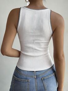 DAZY Black Contrast Color Patchwork Lace Trim Fitted Sleeveless Sweet Sexy Cropped Tank Top For Women - White - View 4