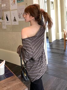 DAZY Women's Striped Asymmetrical Shoulder Loose Casual T-Shirt - Coffee Brown - View 4