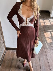 Serisse Women's Spring/Autumn French Elegant Elegant Contrast Lace Sweetheart Neckline Ribbed Knit Dress - Multicolor - View 1