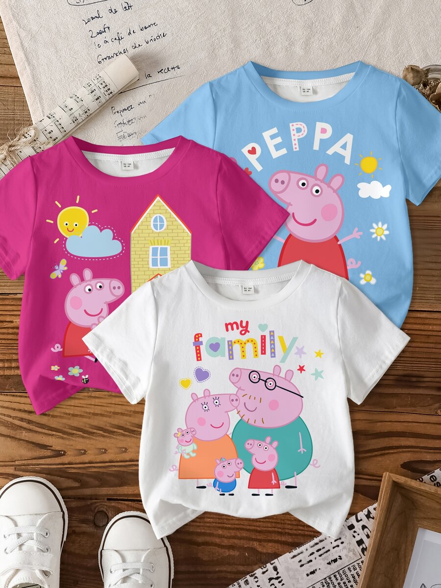 Peppa Pig X SHEIN 3件裝少女T恤 - 彩色 - 查看 1