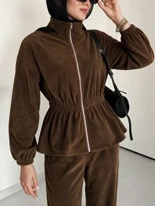 Solavon Women's Solid Color Long Sleeve Zip-Up Jacket And Pants Casual 2 Pieces Set - Brown - View 7