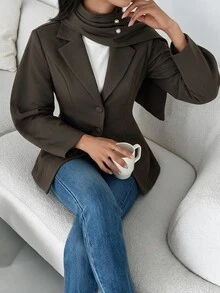 Veilorie Women's Solid Color Lapel Neck Long Sleeve Single-Breasted Casual Blazer - Coffee Brown - View 4