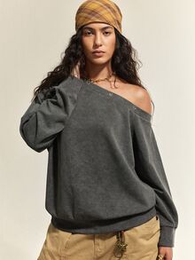 SHEIN Women's Washed Distressed Dark Gray Rivet Buckle Sweatshirt, American Lazy Loose Drop Shoulder Long Sleeve Asymmetrical Shoulder Top, Niche Casual Outing Top, Autumn Outfit - Black - View 6