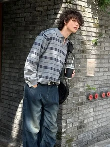DAZY Spring/Autumn Solid Color Striped Polo Collar Commuter Men's Sweater - Grey - View 5