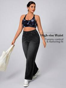 Flexra Plus Size Women's Wide Leg Casual Denim Jeans Soft Washed Stretch Pants - Dark Grey - View 6