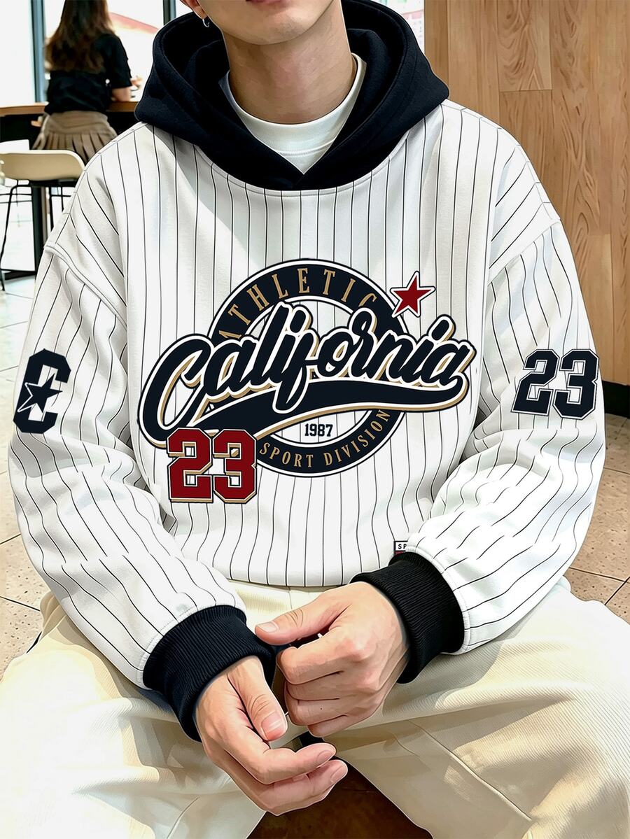 Chillumni 經典校園運動風復古 California #23 短袖T恤,黑白直條紋 California #23 條紋棒球球衣時尚運動休閒連帽衫 - 彩色 - 查看 1
