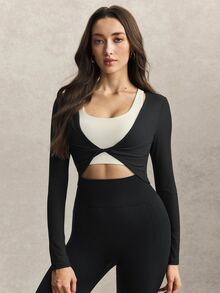Activina Áo thun thể thao dáng ngắn tay dài thiết kế xoắn màu trơn cho nữ - màu đen - Xem 2