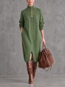 LUMIGAL Women's Solid Color Split Design Casual Party Knit Dress - Green - View 3
